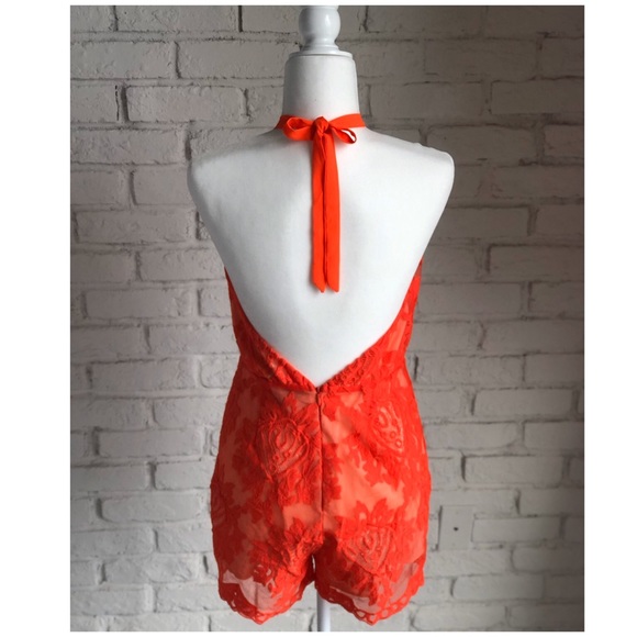 Aqua Floral Lace Coral Orange Halter Shorts Romper - Picture 2 of 8